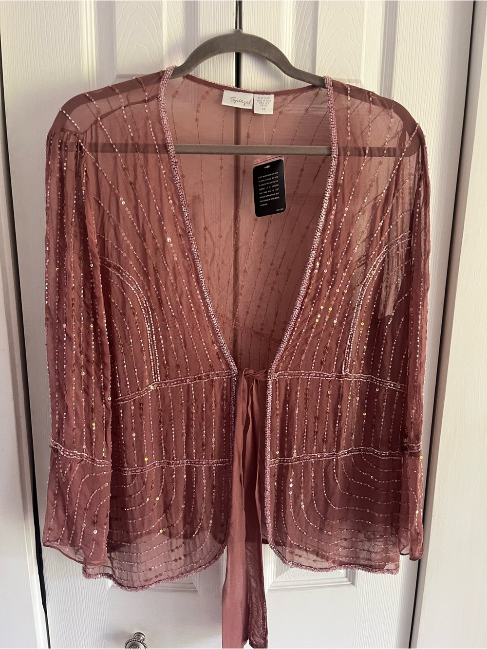 Spiegel Dusty Rose Sequin Sheer Tie-Front Jacket 100 % silk NWT